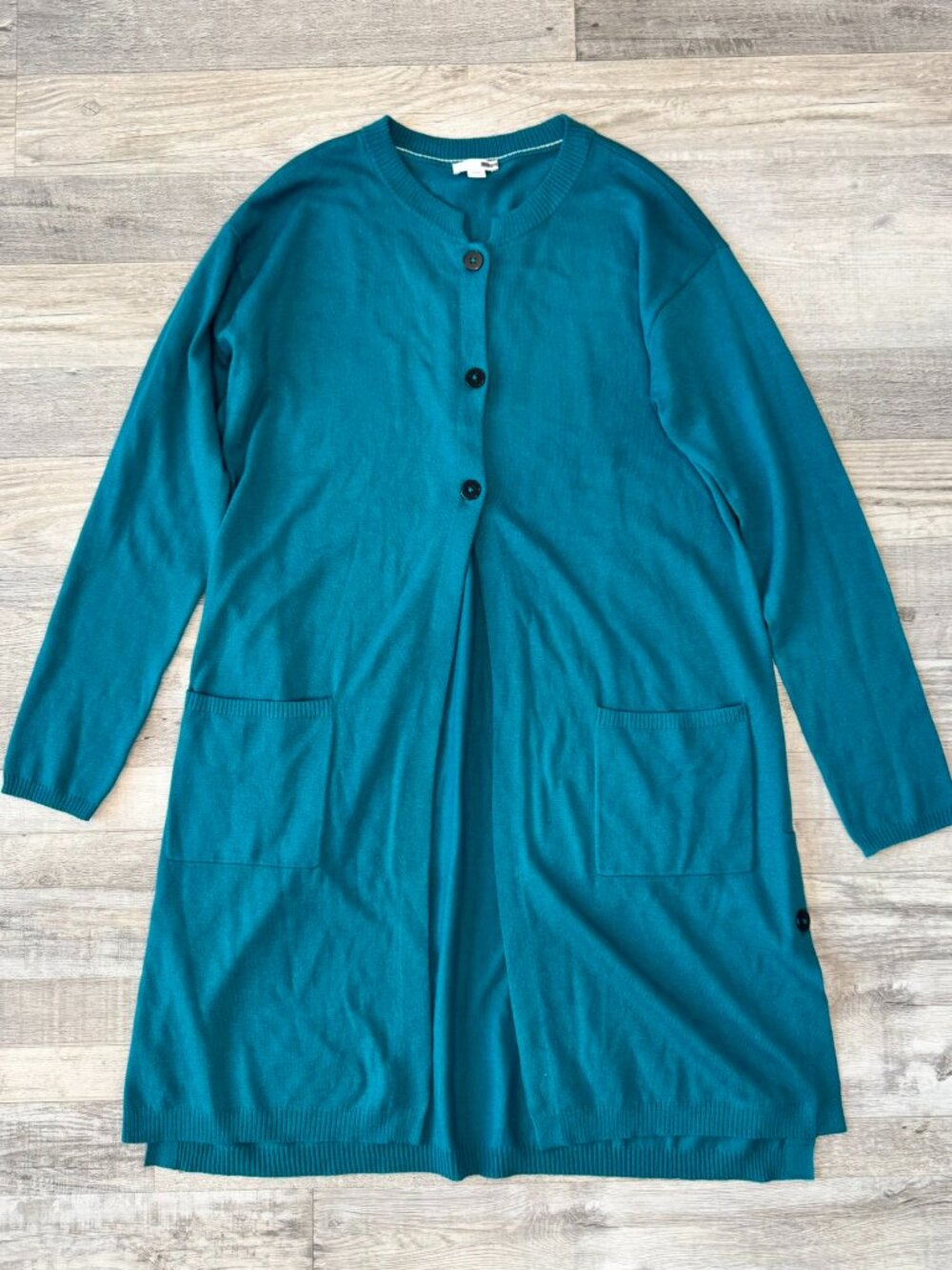 J. Jill Teal Long Sweater Cardigan Duster Size Small 3-Button, Wool Blend F18